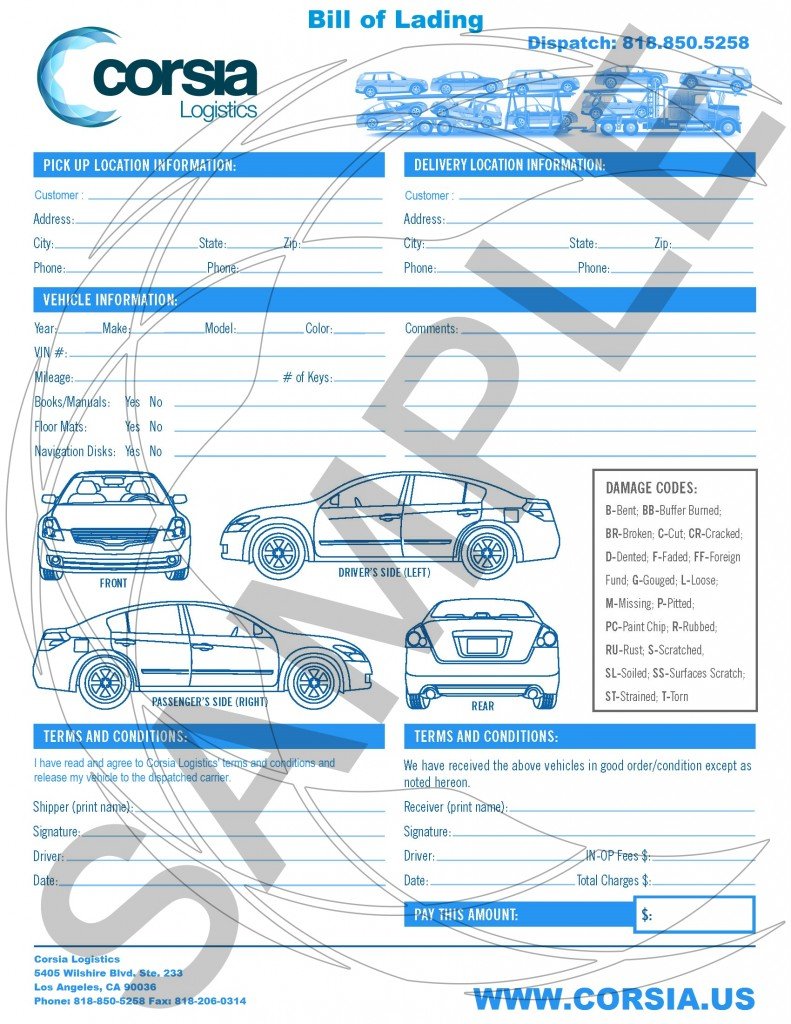 auto transport inspection and bill of lading corsia logistics bol document